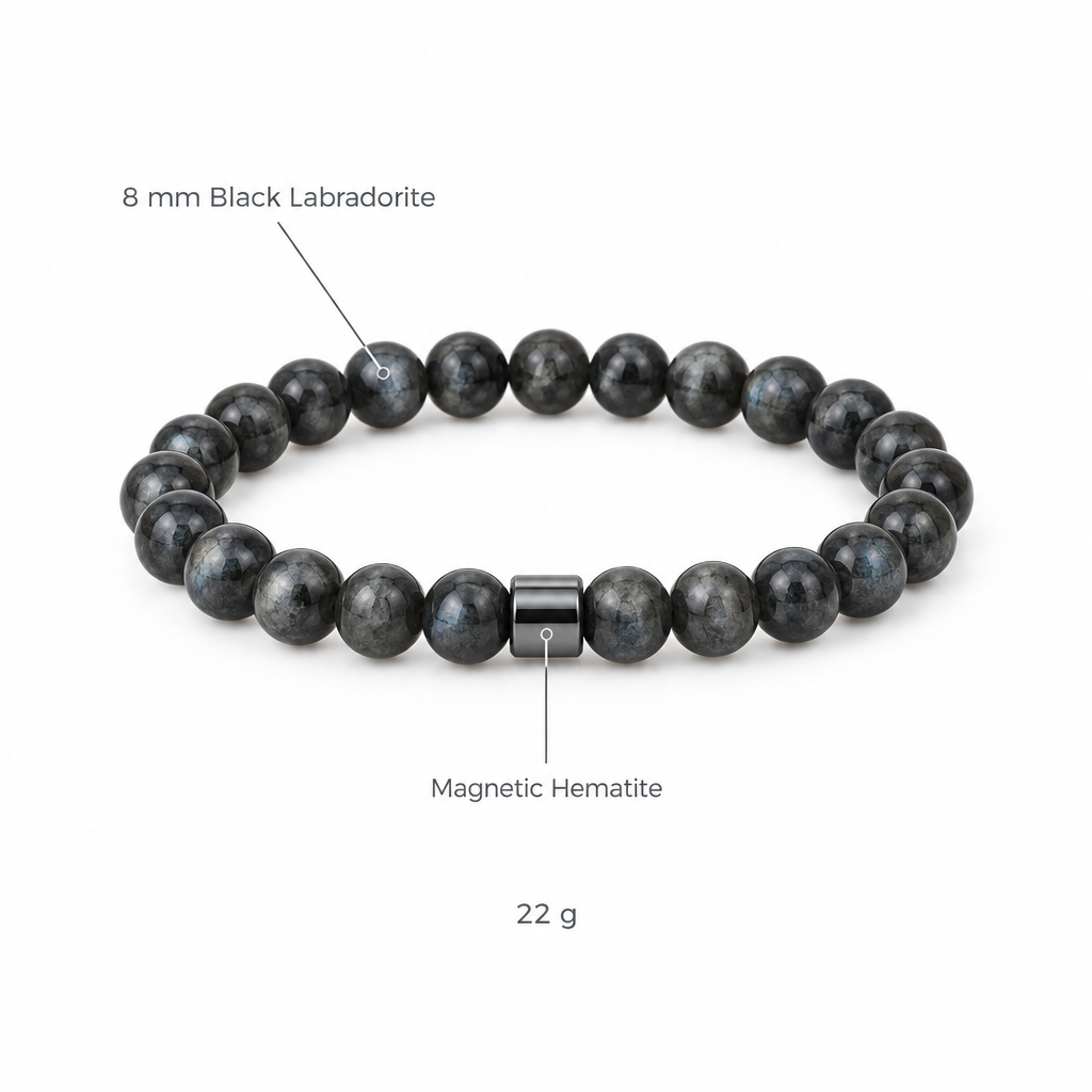 Bransoletka z czarnego labradoritu, specyfikacja na bialym tle, 8 mm Black Labradorite, Magnetic Hematite, 22 g