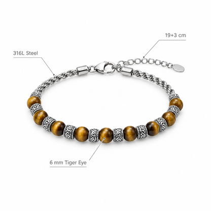 Bransoletka z zodtego oka tygrysa na lancuchu, specyfikacja na bialym tle, 6 mm Tiger Eye, 316L Steel, 19+3 cm