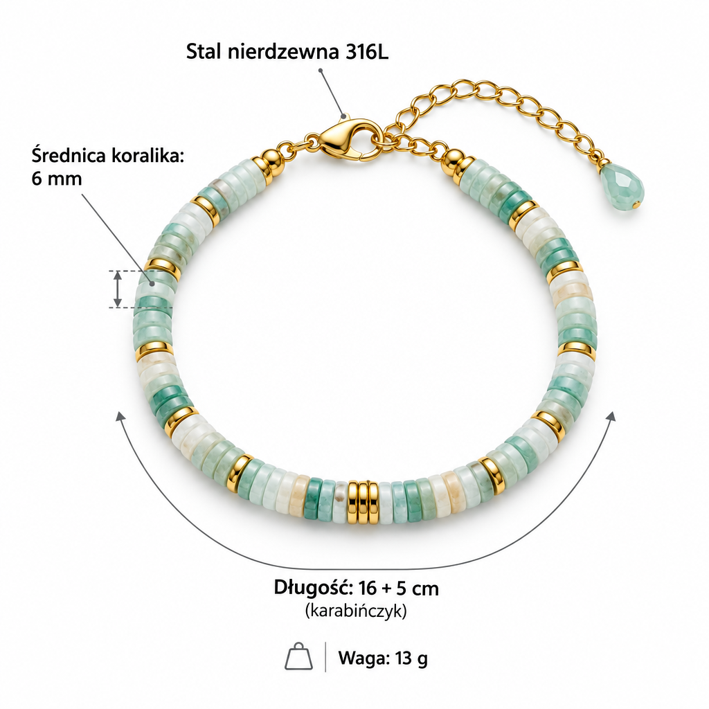 Specyfikacja bransoletki z amazonitu: koraliki 6 mm, długość 16 + 5 cm, waga 13 g, stal nierdzewna 316L