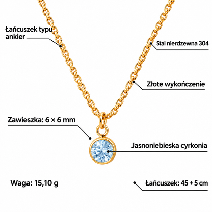 Specyfikacja naszyjnika: stal 304, złote wykończenie, jasnoniebieska cyrkonia, zawieszka 6 × 6 mm, łańcuszek 45 + 5 cm, waga 15,10 g