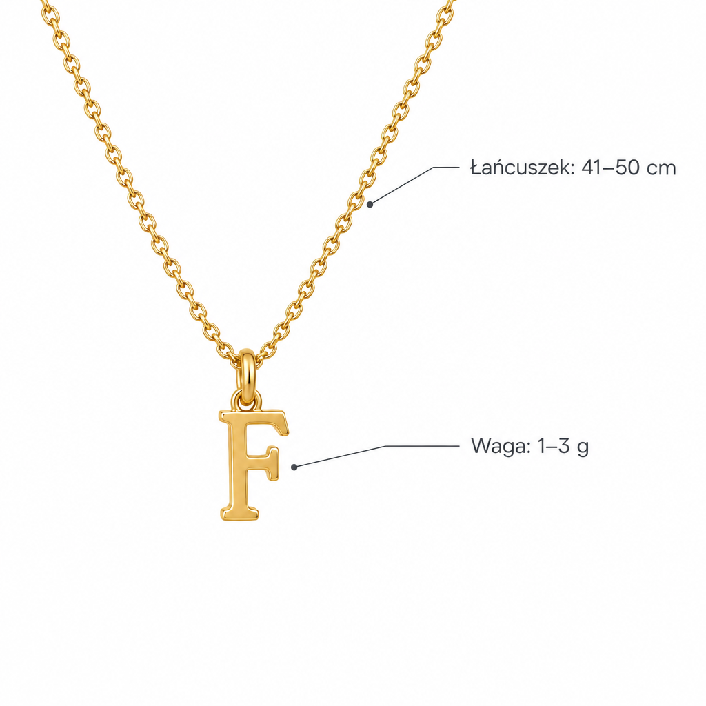 Złoty naszyjnik z literą F – specyfikacja: łańcuszek 41–50 cm, waga 1–3 g