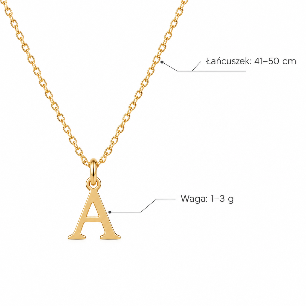 Złoty naszyjnik z literą A – specyfikacja: łańcuszek 41–50 cm, waga 1–3 g