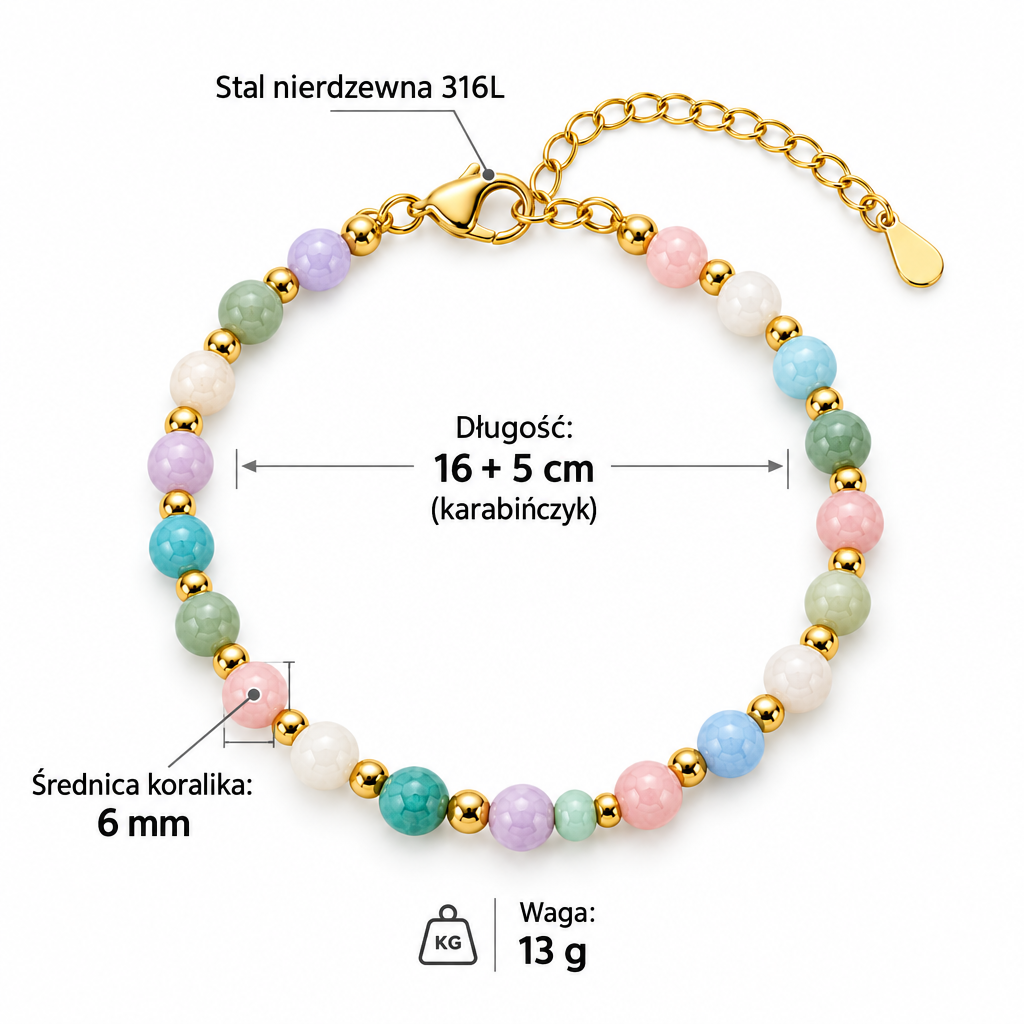 Specyfikacja kolorowej bransoletki: koraliki 6 mm, długość 16 + 5 cm, waga 13 g, stal nierdzewna 316L