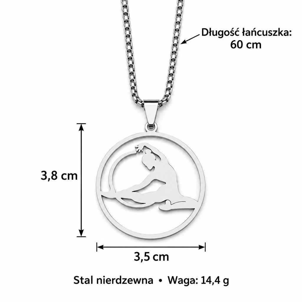 Srebrny naszyjnik z wymiarami: lancuszek 60 cm, zawieszka 3,8 x 3,5 cm, waga 14,4 g