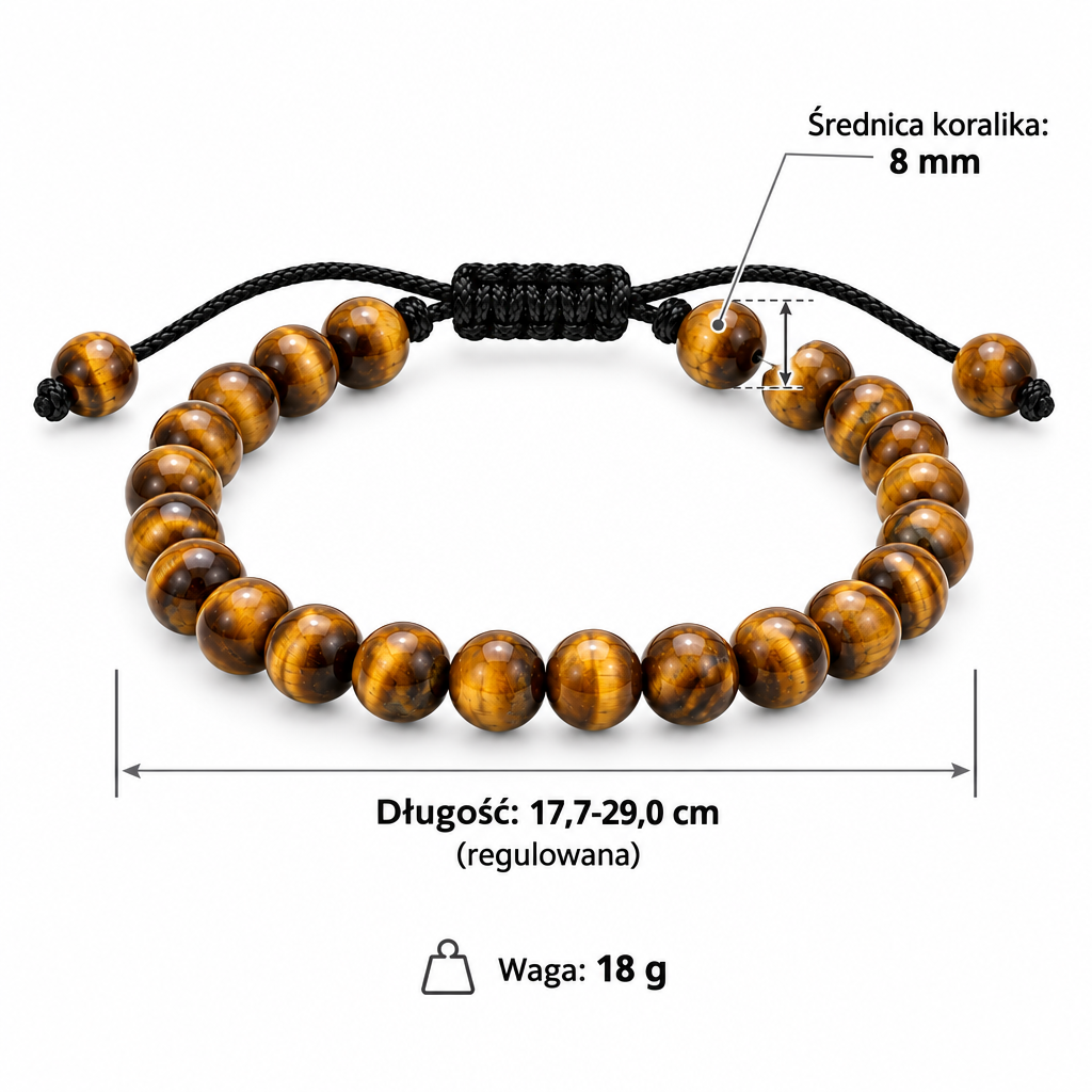 Specyfikacja bransoletki z tygrysiego oka: średnica koralika 8 mm, długość regulowana 17,7–29,0 cm, waga 18 g