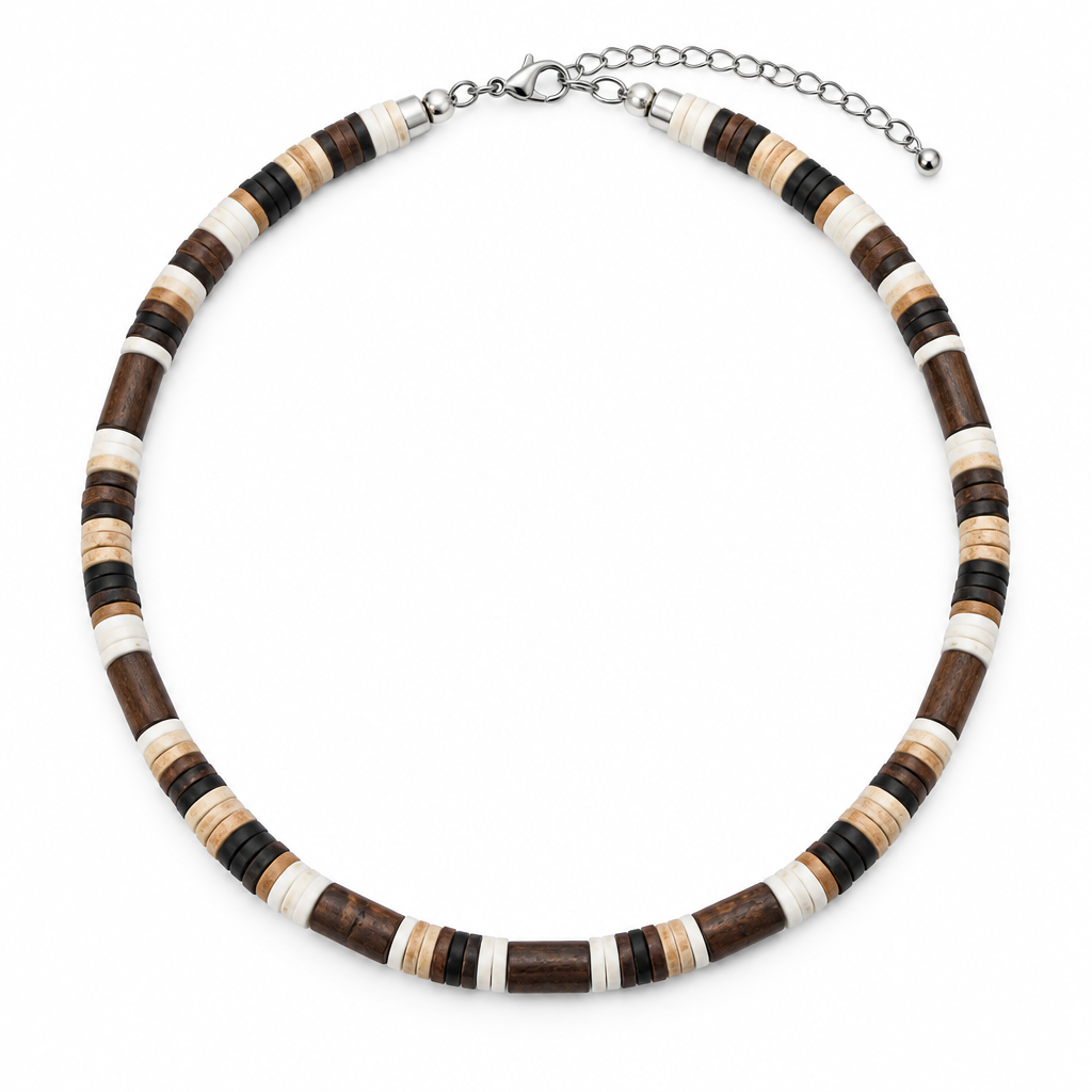 Naszyjnik kokosowo-drewniany beżowo-czarno-brązowy – produkt na białym tle