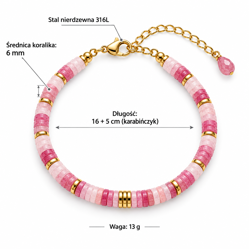 Specyfikacja bransoletki z kwarcu wiśniowego: koraliki 6 mm, długość 16 + 5 cm, waga 13 g, stal nierdzewna 316L