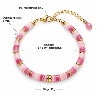 Specyfikacja bransoletki z kwarcu wiśniowego: koraliki 6 mm, długość 16 + 5 cm, waga 13 g, stal nierdzewna 316L